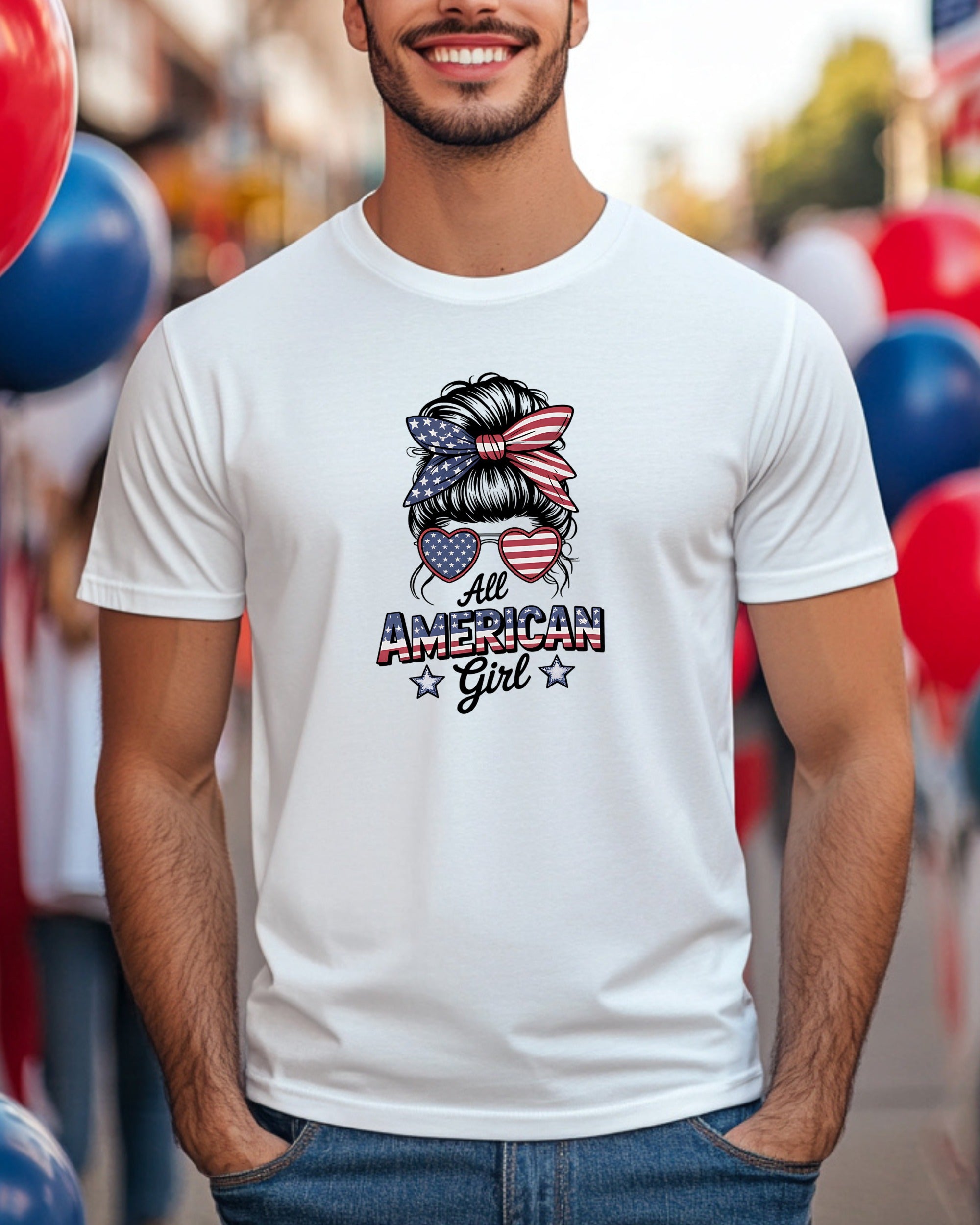White t-shirt with "All American Girl" text and patriotic sunglasses graphic.