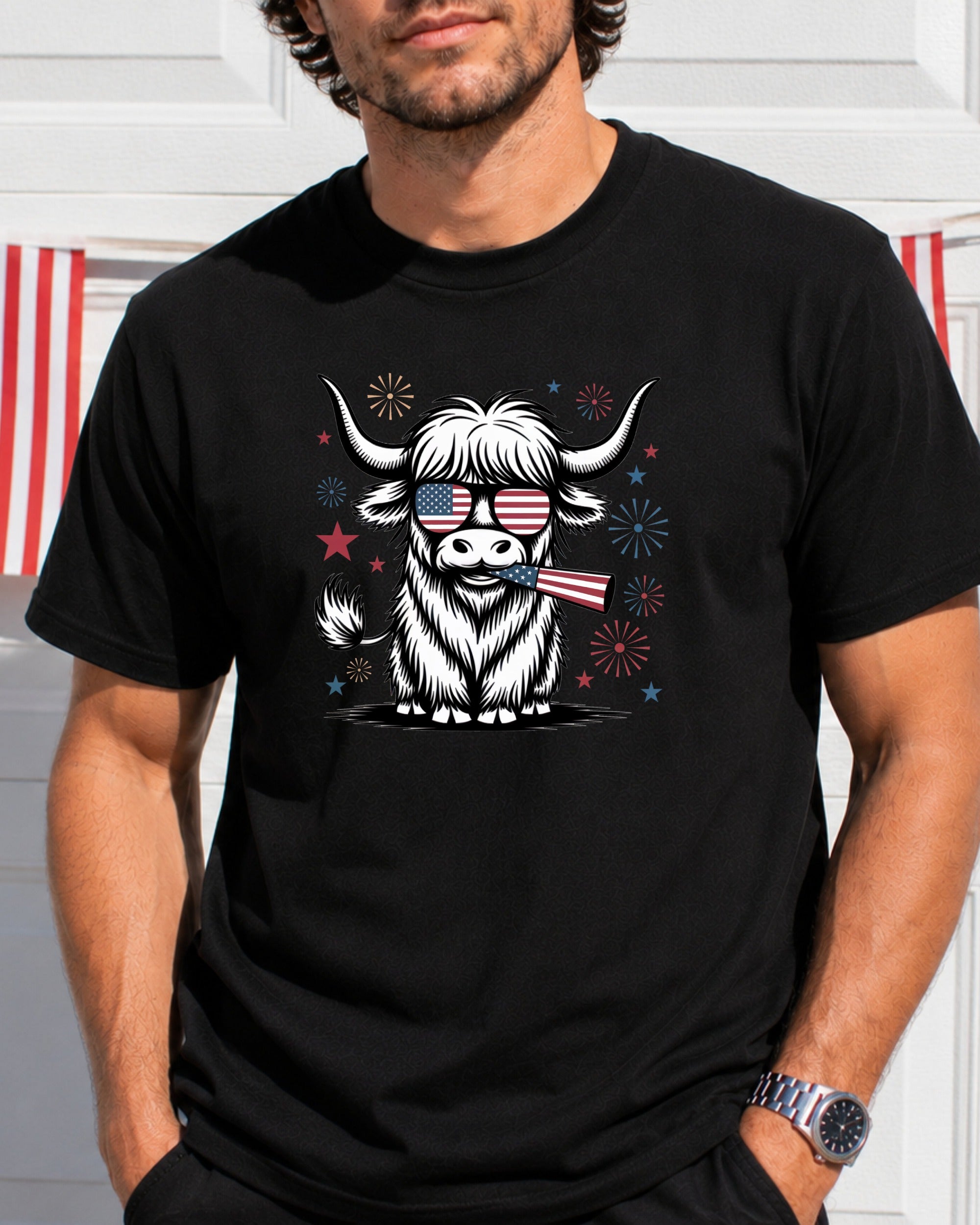 Highland cow wearing sunglasses and a US flag bandana with fireworks.