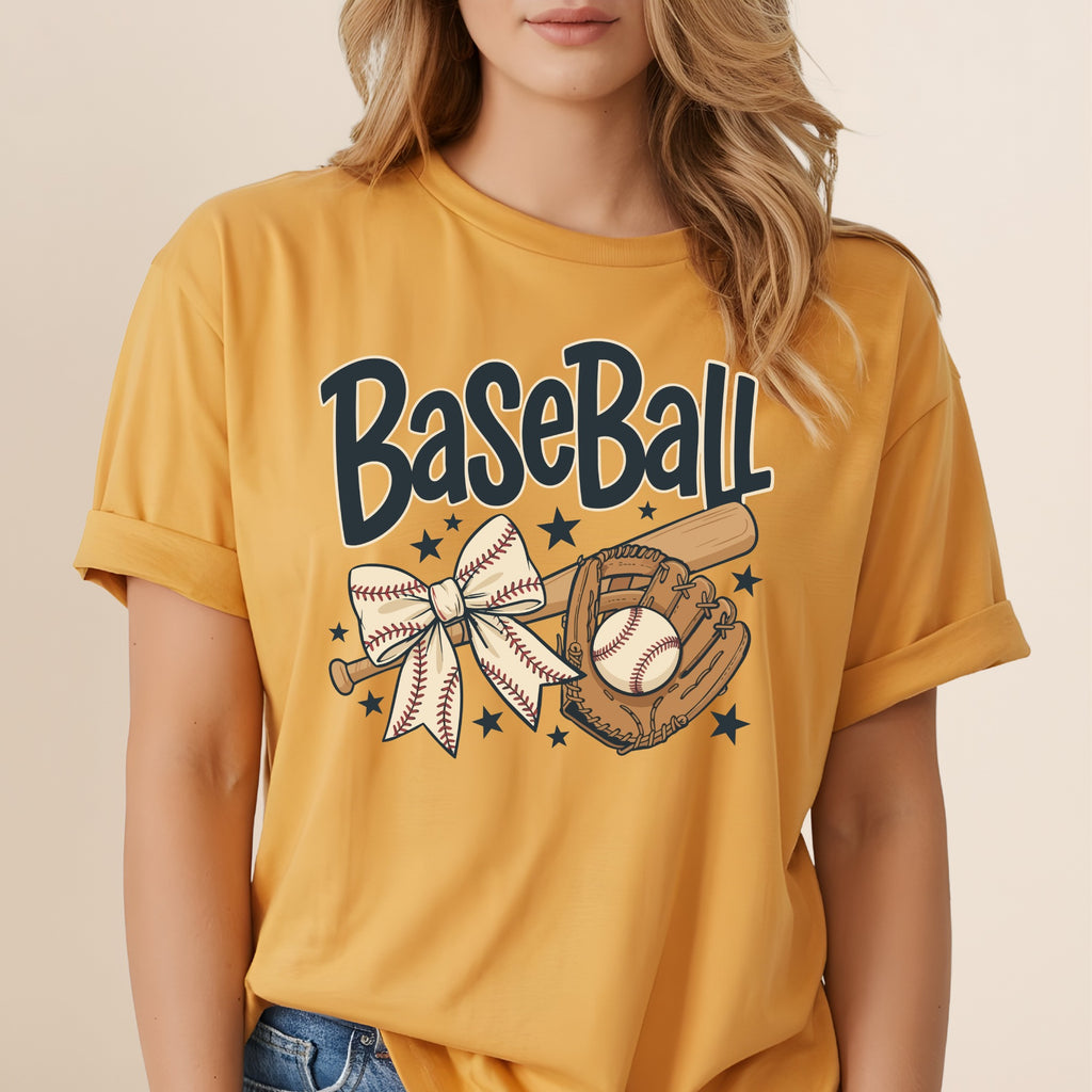 Baseball graphic on yellow t-shirt with bat, glove, and bow.