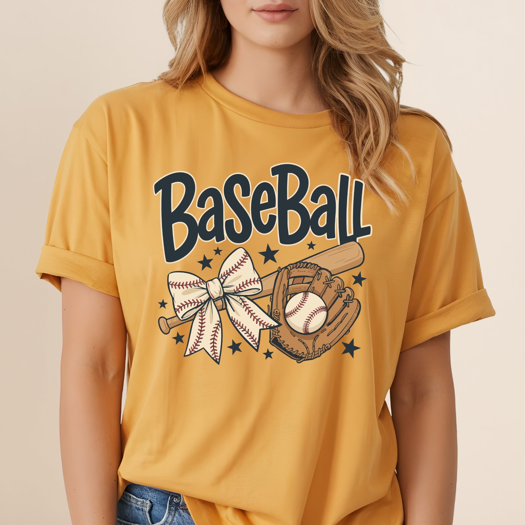 Baseball graphic on yellow t-shirt with bat, glove, and bow.
