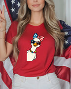 Red t-shirt with a patriotic duck wearing sunglasses and a bow.