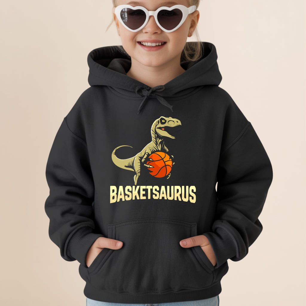 Black hoodie with a smiling child wearing heart sunglasses and a dinosaur graphic.