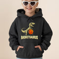 Black hoodie with a smiling child wearing heart sunglasses and a dinosaur graphic.