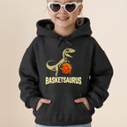Black hoodie with a smiling child wearing heart sunglasses and a dinosaur graphic.