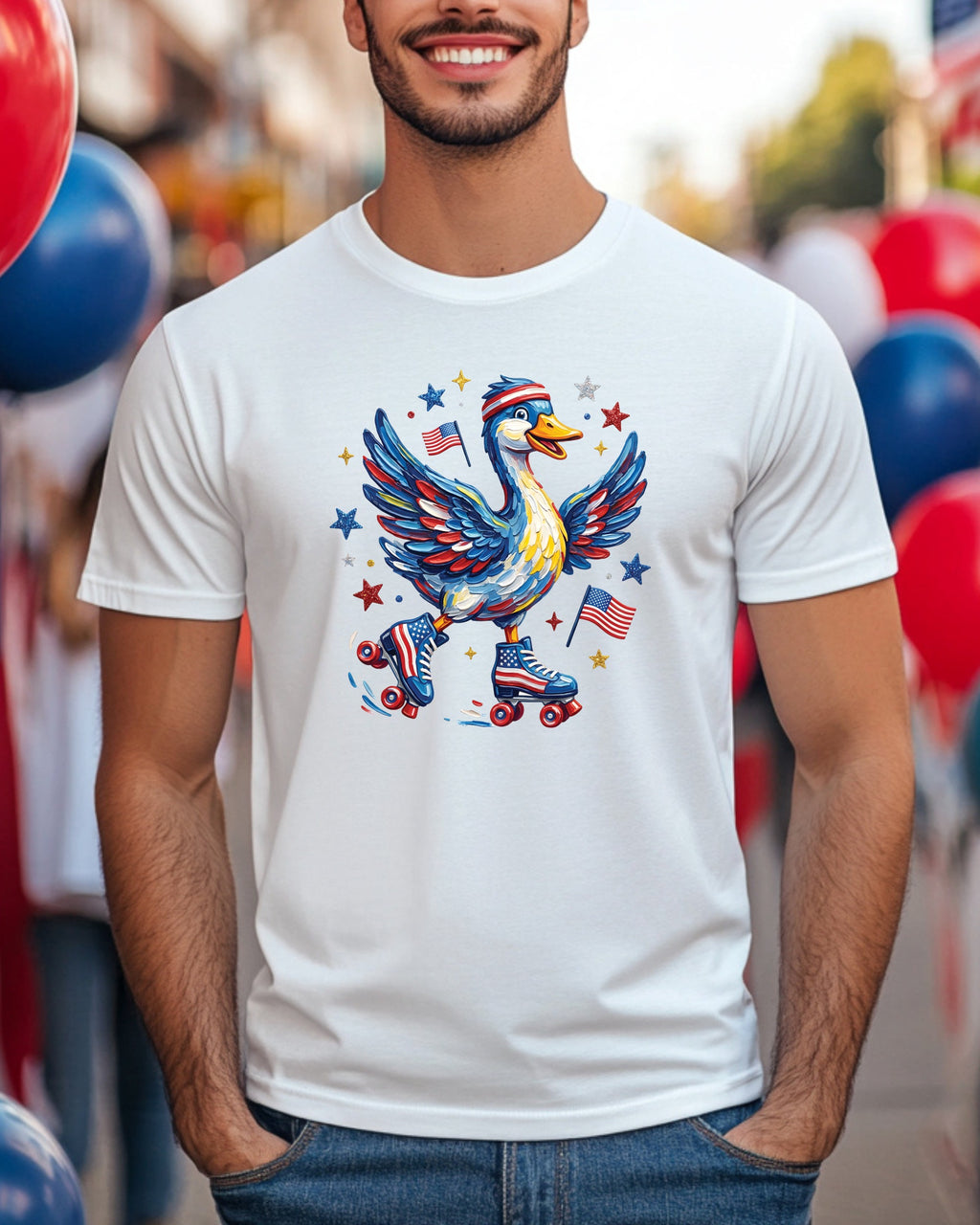Duck in roller skates with American flag wings and stars on a white t-shirt.