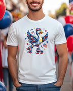 Duck in roller skates with American flag wings and stars on a white t-shirt.