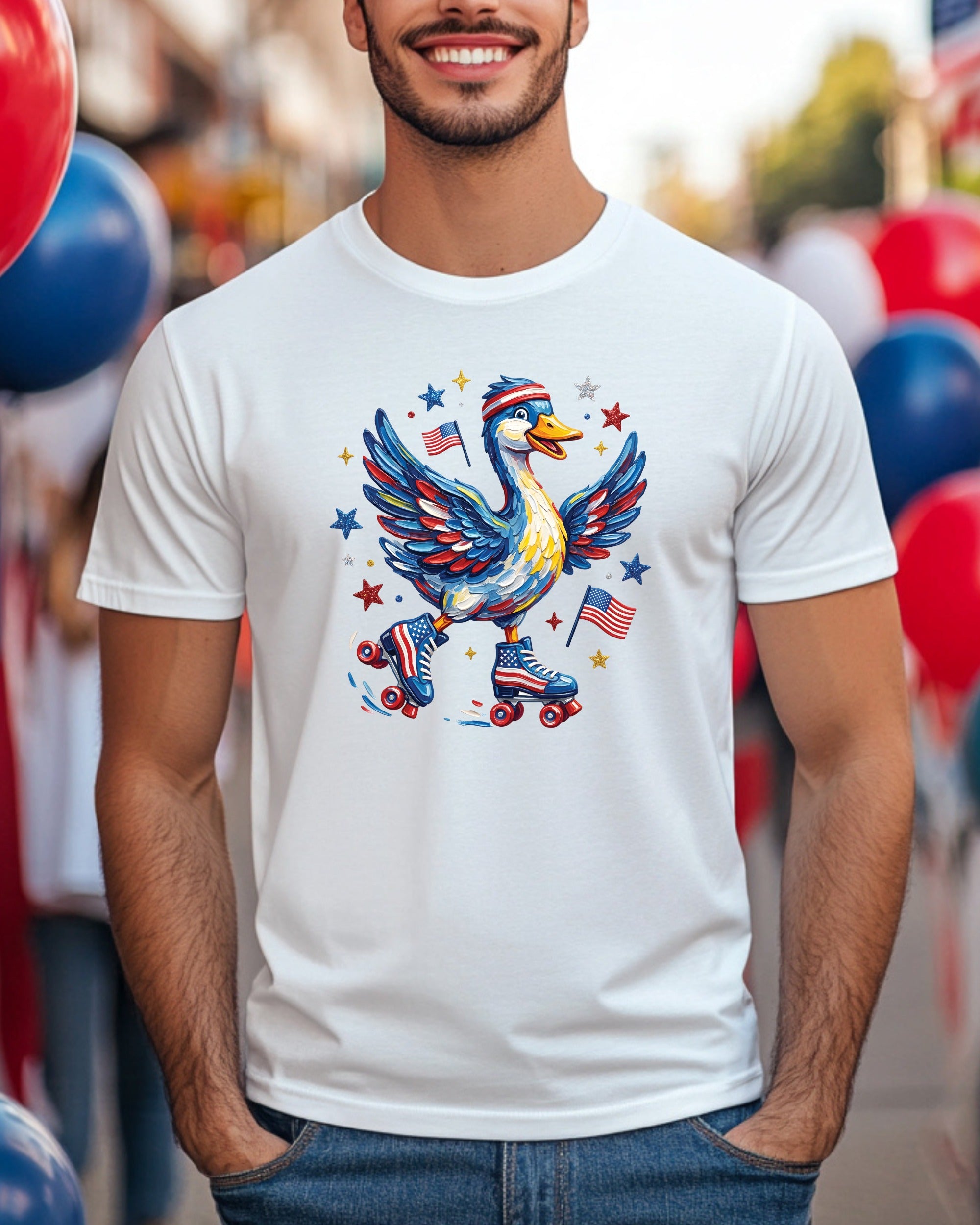 Duck in roller skates with American flag wings and stars on a white t-shirt.