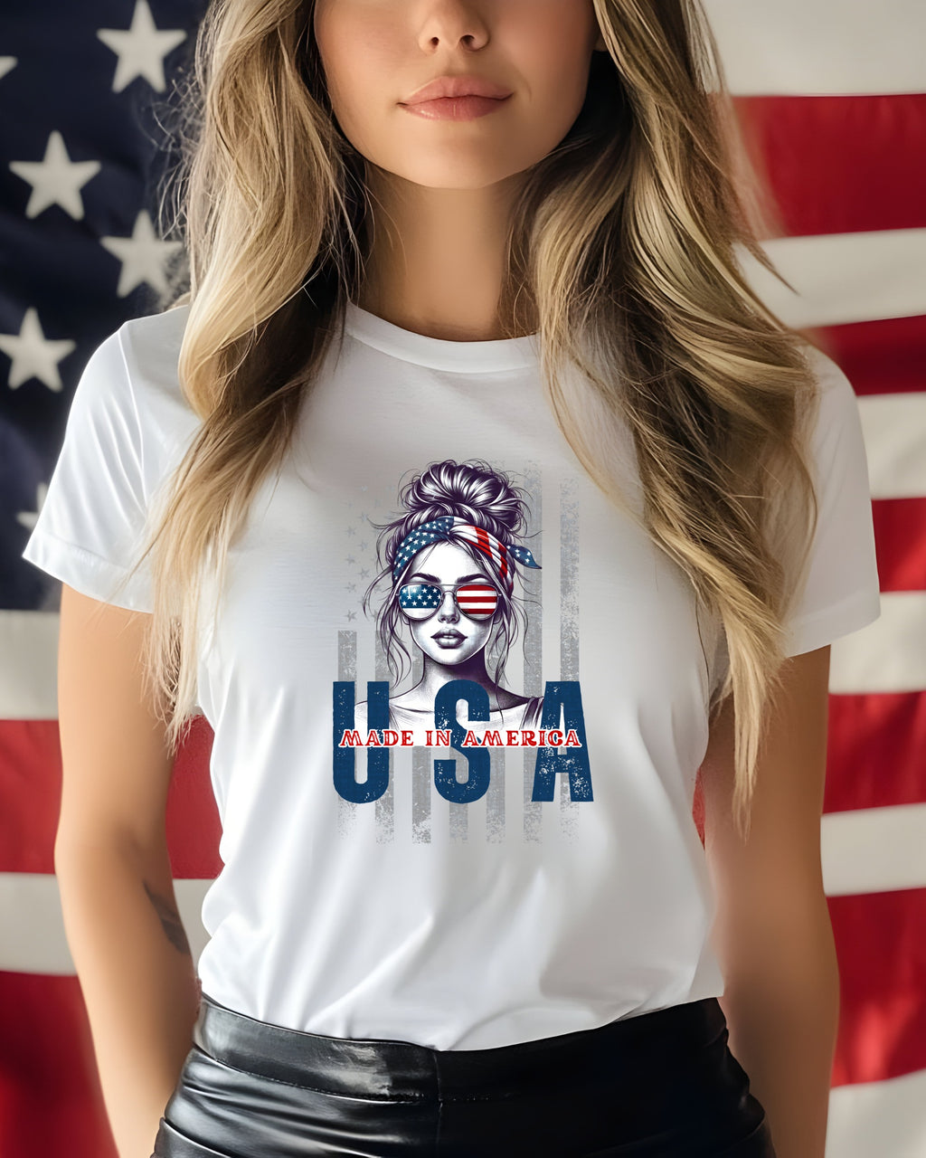Woman in USA flag graphic t-shirt with sunglasses and bandana.