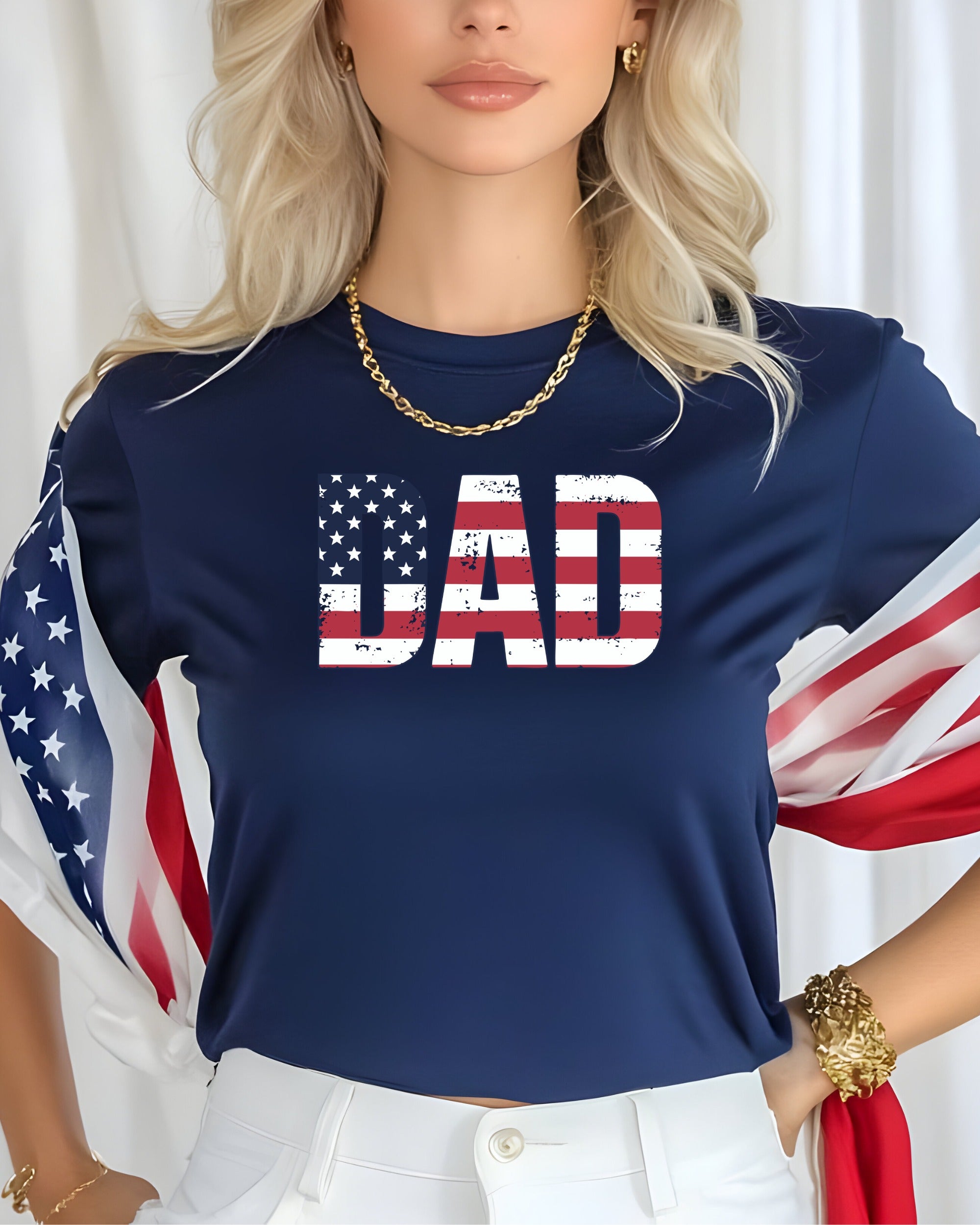 Navy t-shirt with "DAD" in red, white, and blue American flag design.