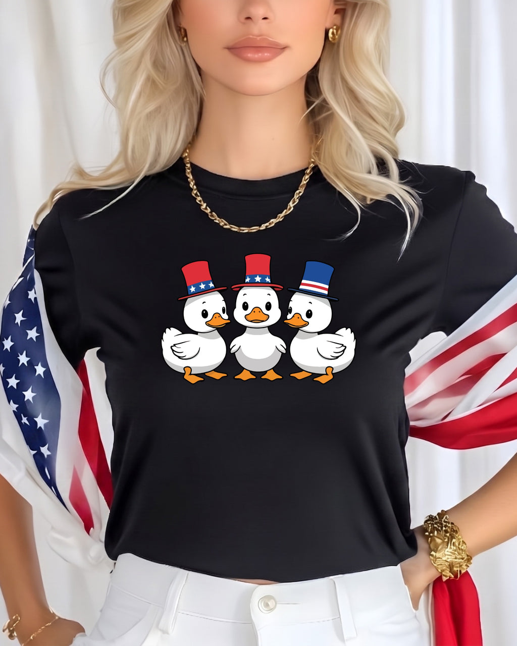 Three cartoon ducks wearing red, white, and blue top hats.