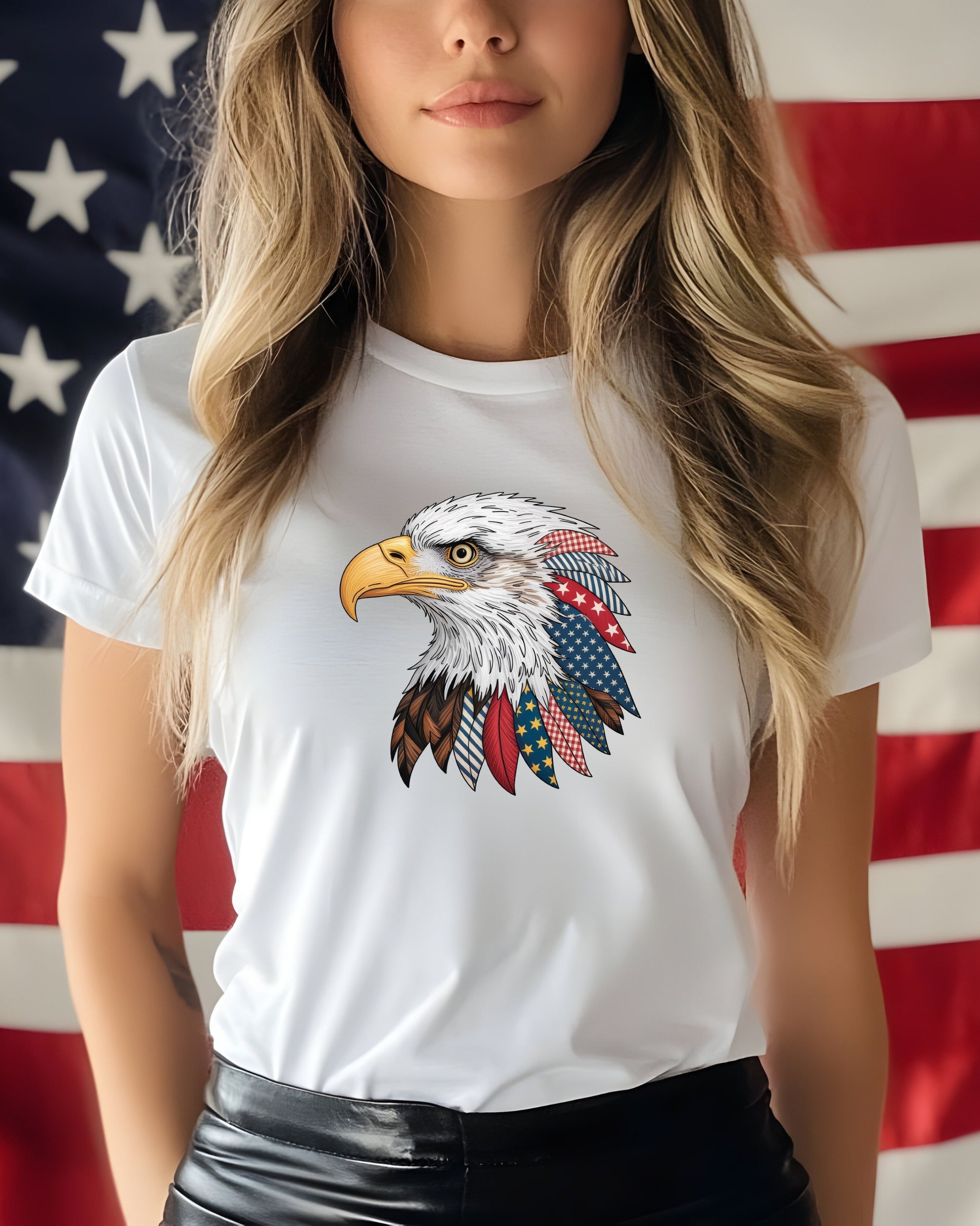 White t-shirt with patriotic eagle graphic and American flag background.
