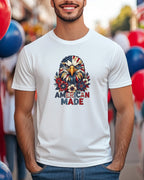 White t-shirt with eagle head, American flag pattern, and "AMERICAN MADE" text.