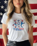 White t-shirt with dancing skeleton cowboys and "ONE NATION. ONE HEART. ONE MEMORY."