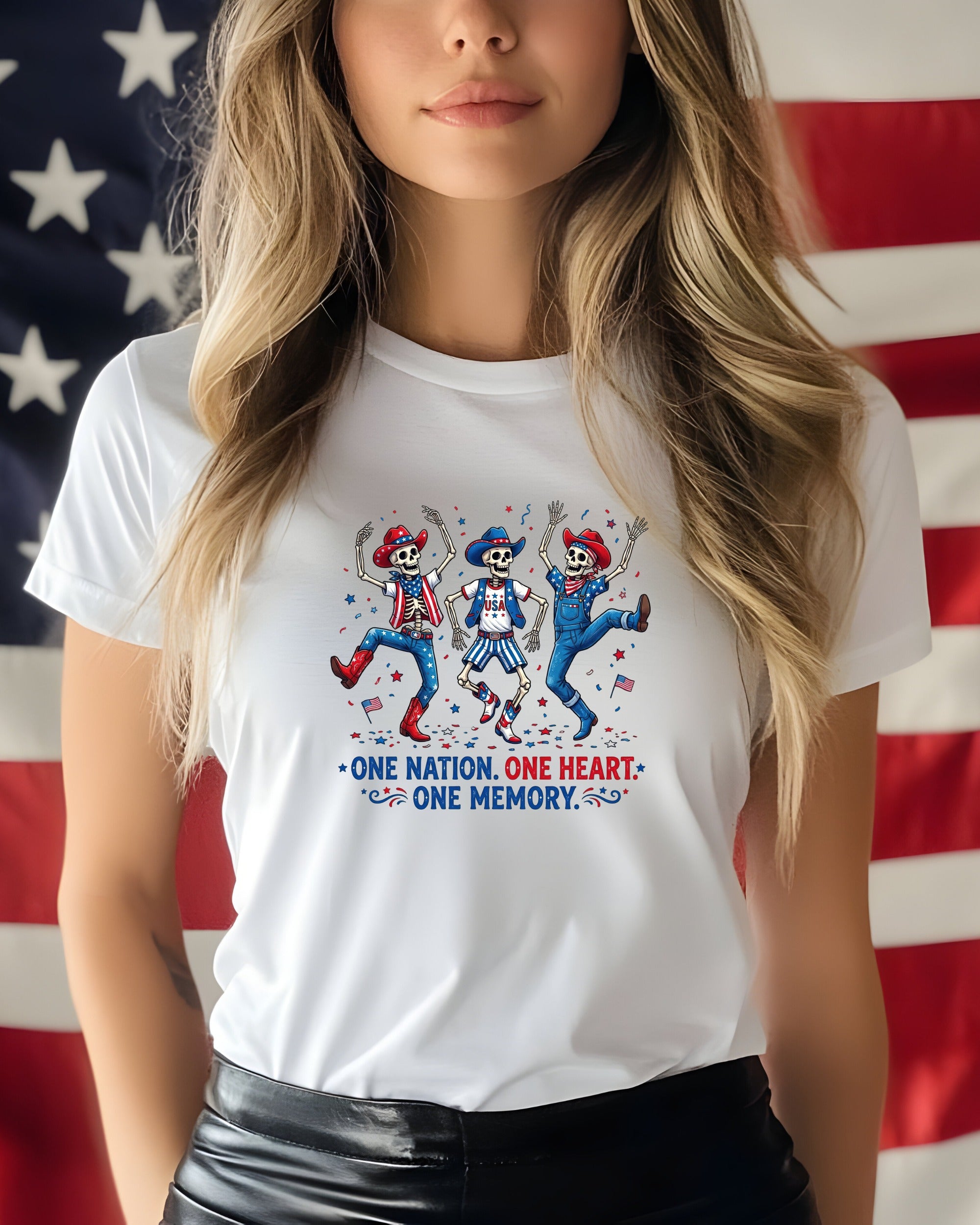 White t-shirt with dancing skeleton cowboys and "ONE NATION. ONE HEART. ONE MEMORY."