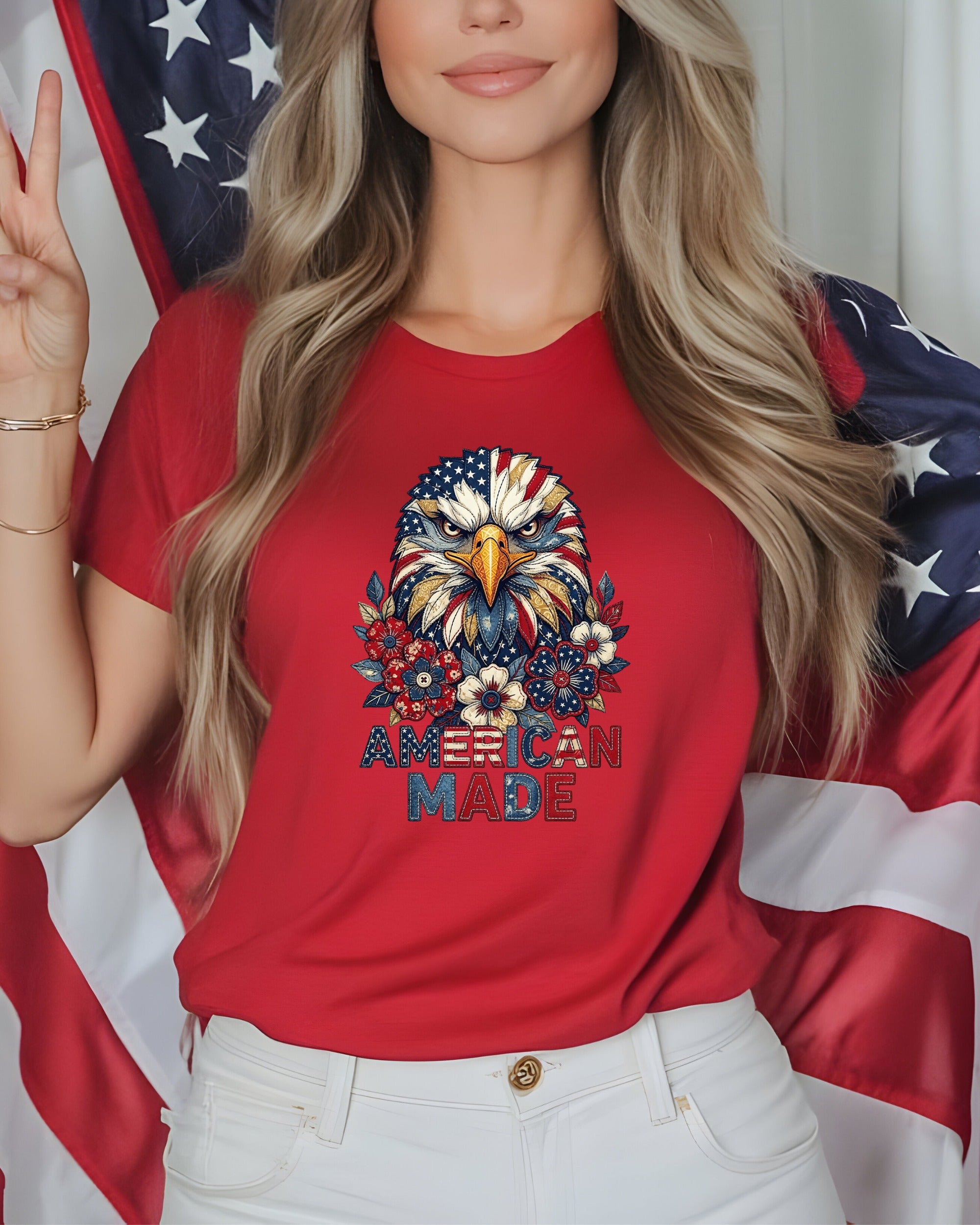 Red t-shirt with eagle, flowers, and "AMERICAN MADE" text.