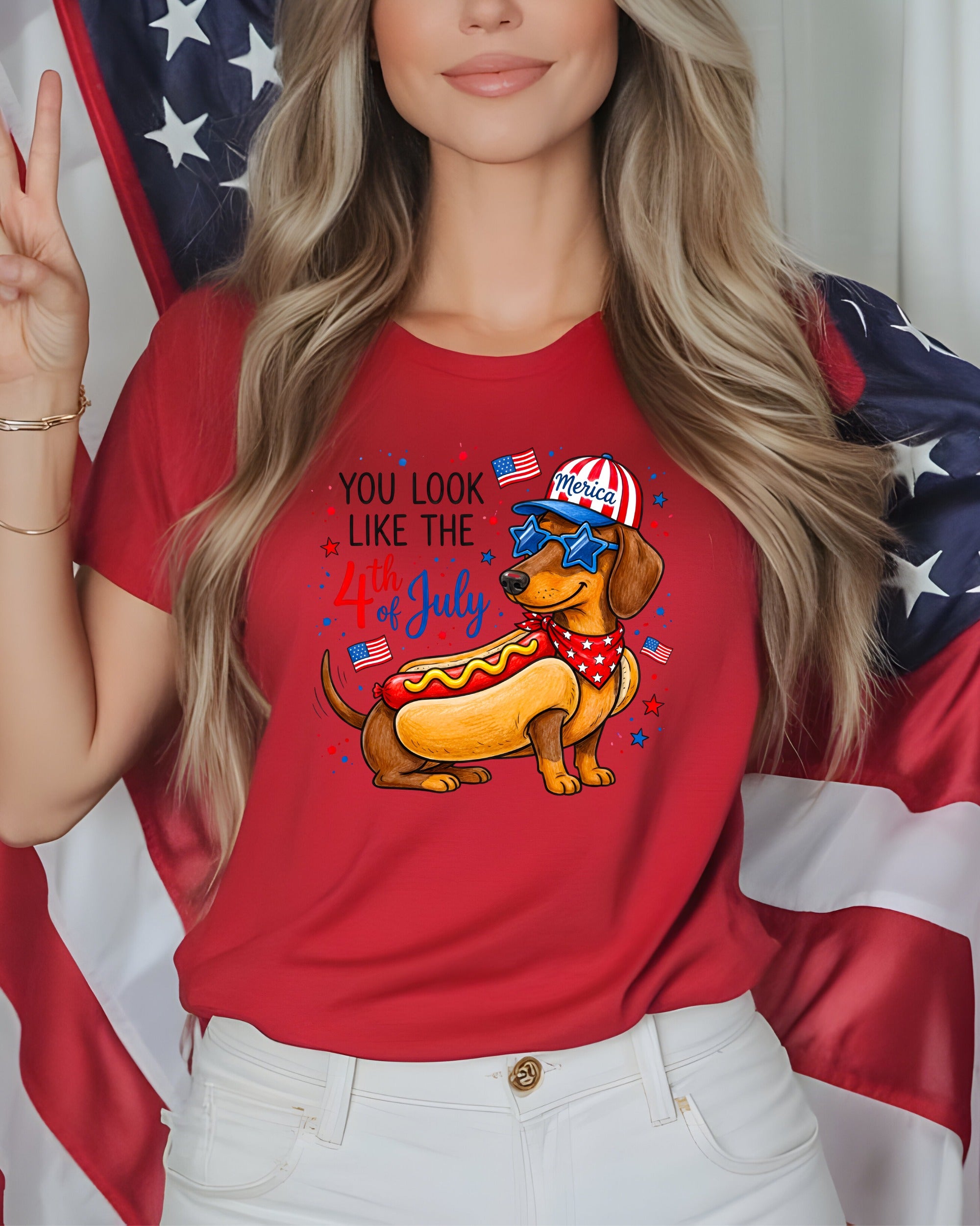 Dachshund in hot dog costume with sunglasses and American flag details.