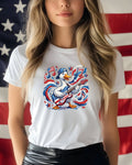 Duck wearing USA-themed hat and shirt playing guitar with stars and musical notes.
