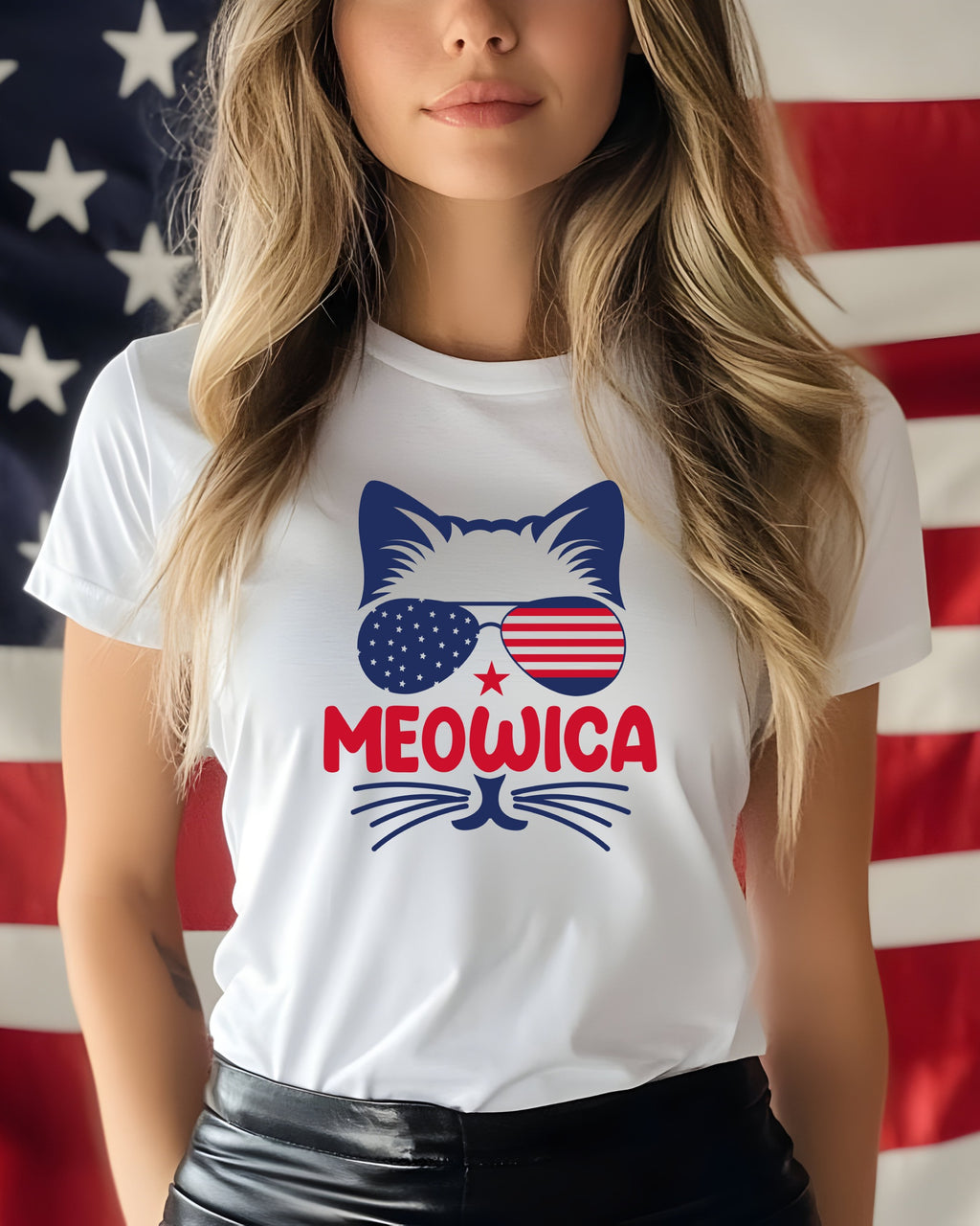White t-shirt with "MEOWICA" text and cat silhouette with American flag sunglasses.