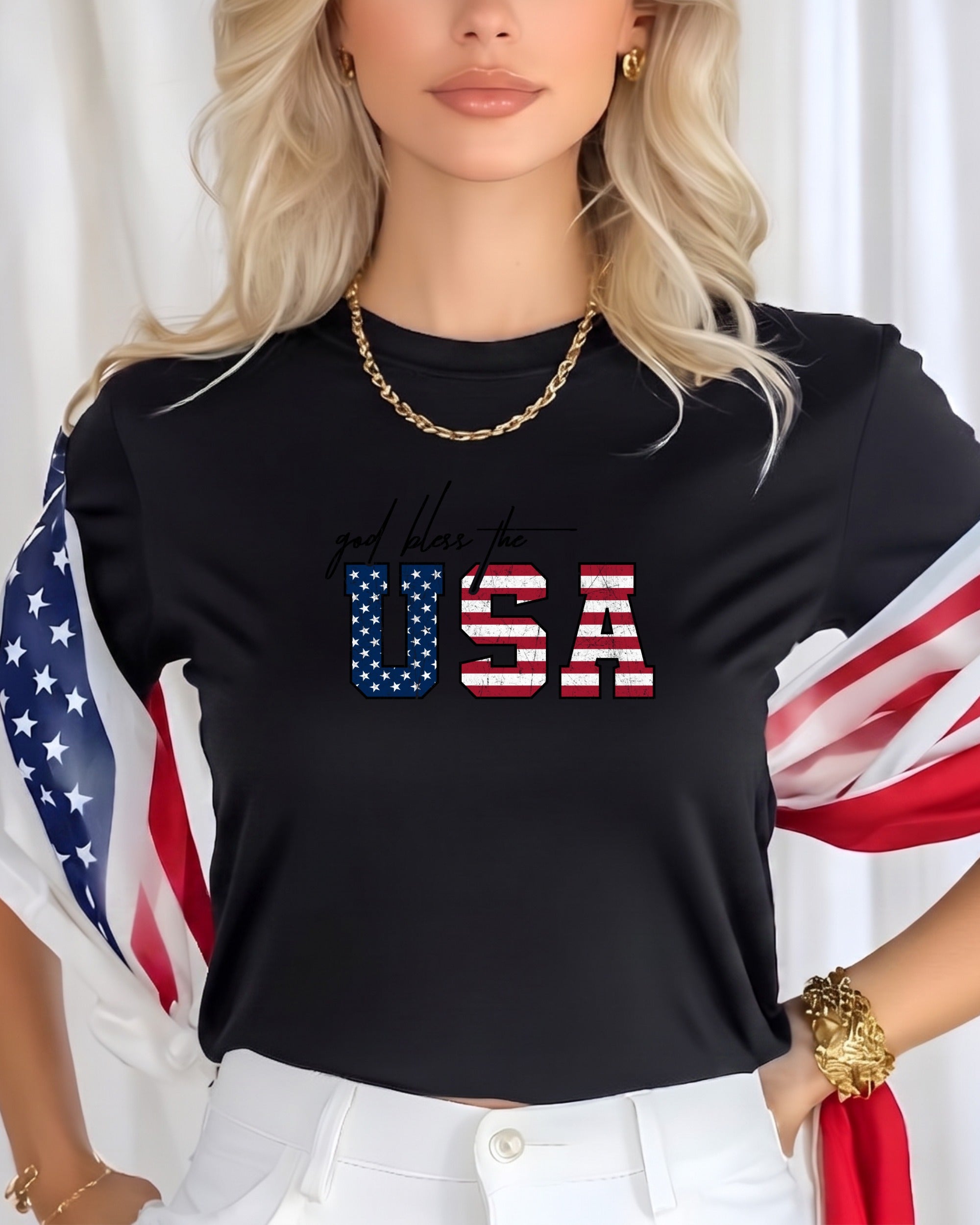 Black t-shirt with "God Bless the USA" text and American flag detail.