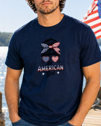 Navy t-shirt with "All American Girl" text and patriotic sunglasses graphic.