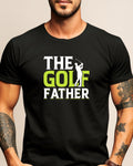 Black t-shirt with "THE GOLF FATHER" text and golfer graphic.