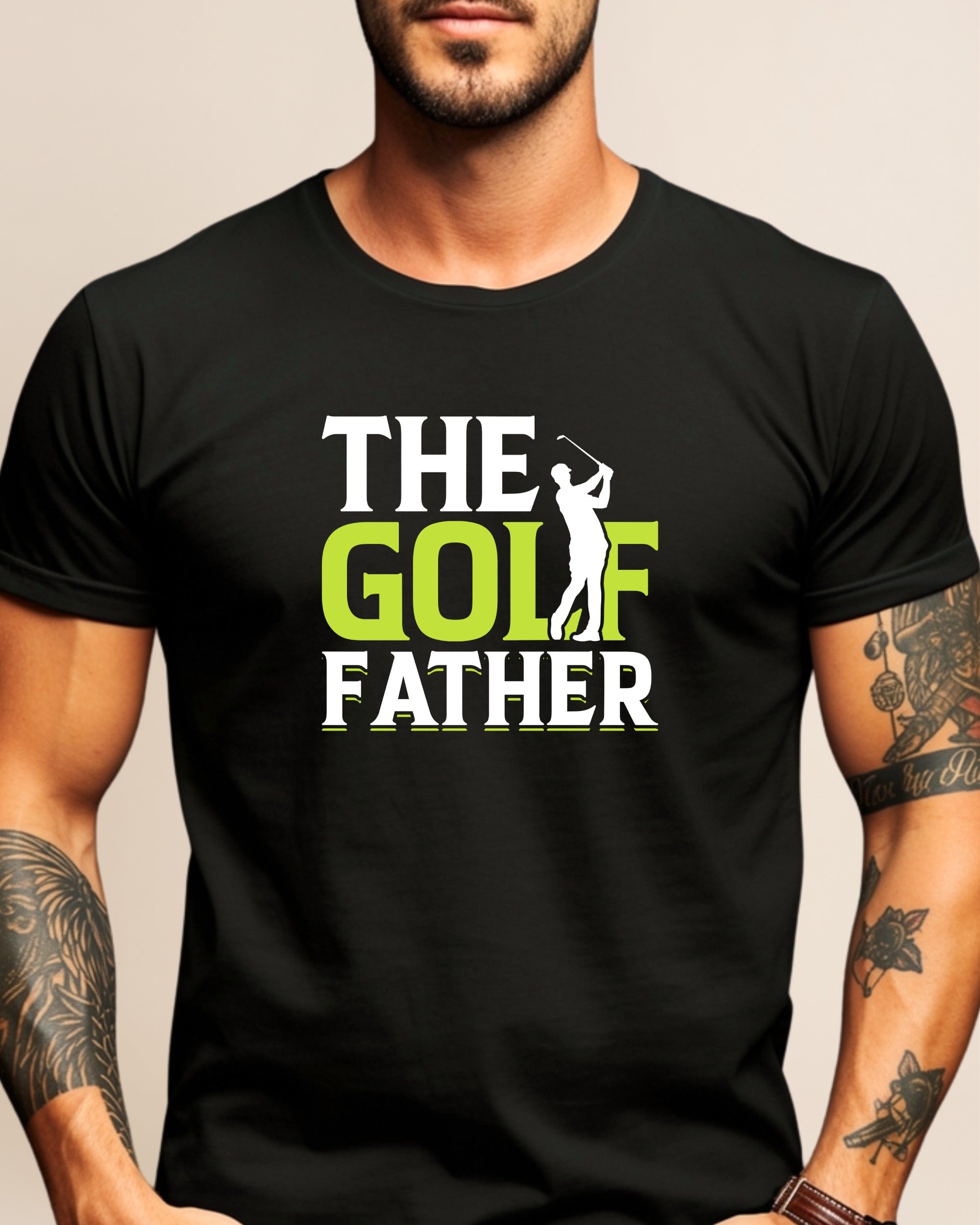 Black t-shirt with "THE GOLF FATHER" text and golfer graphic.