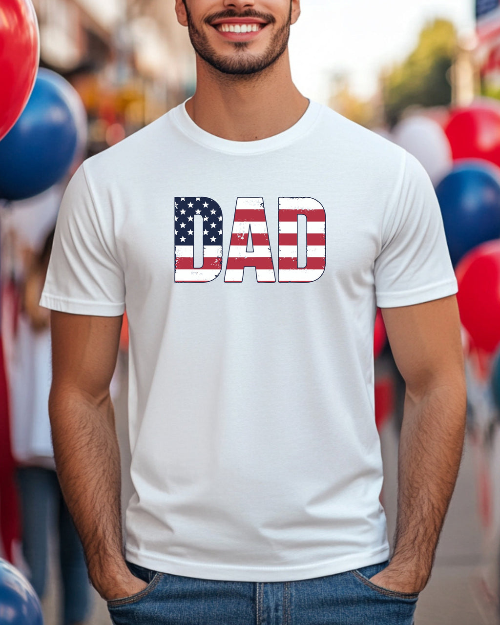White t-shirt with "DAD" in an American flag design.