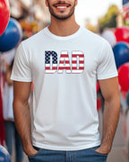 White t-shirt with "DAD" in an American flag design.