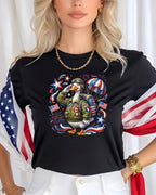 Duck in military uniform saluting with American flag and fireworks.