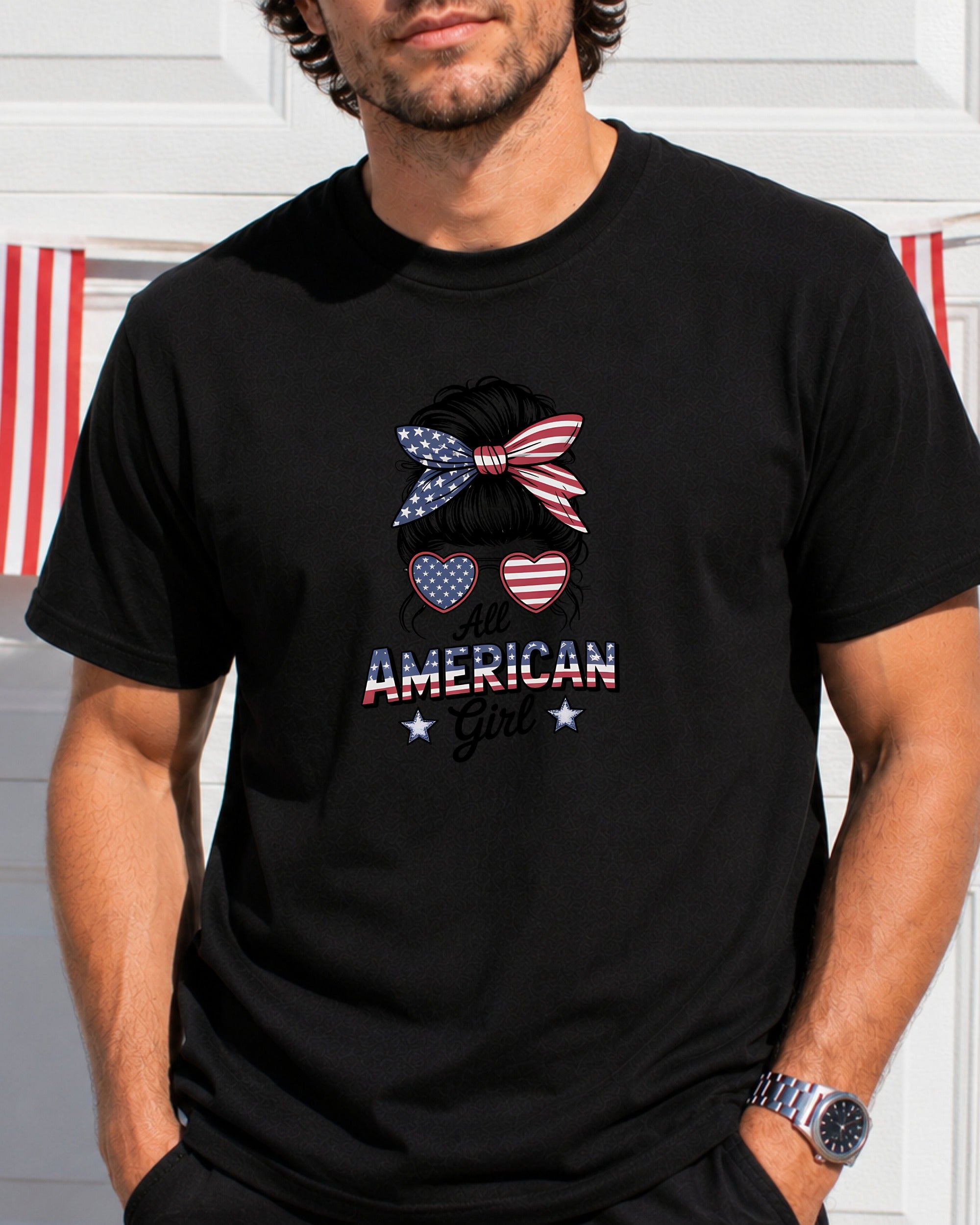 Black t-shirt with "All American Girl" text and patriotic bandana and heart sunglasses graphic.