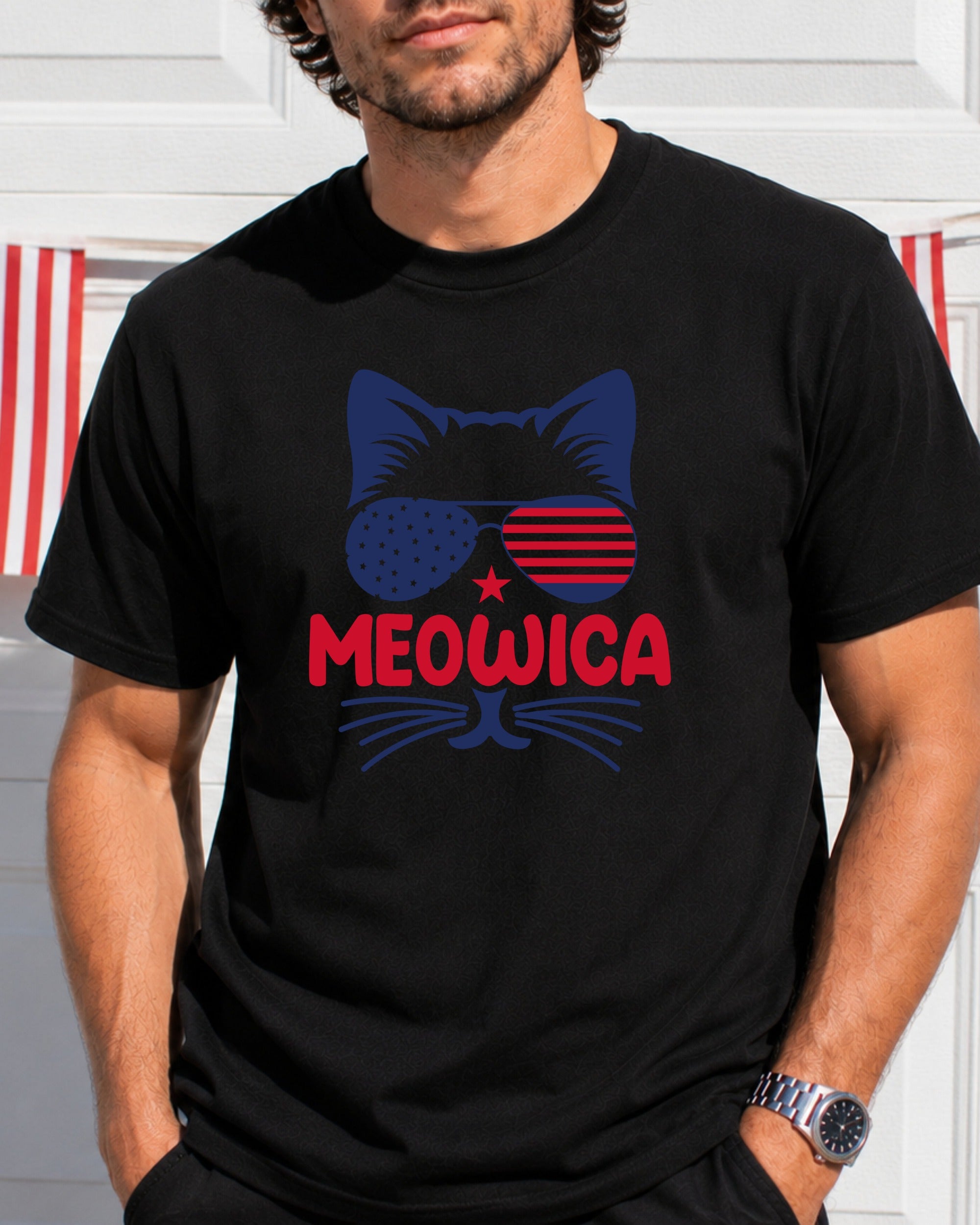 Black t-shirt with "Meowica" text, a cat silhouette, and American flag sunglasses.