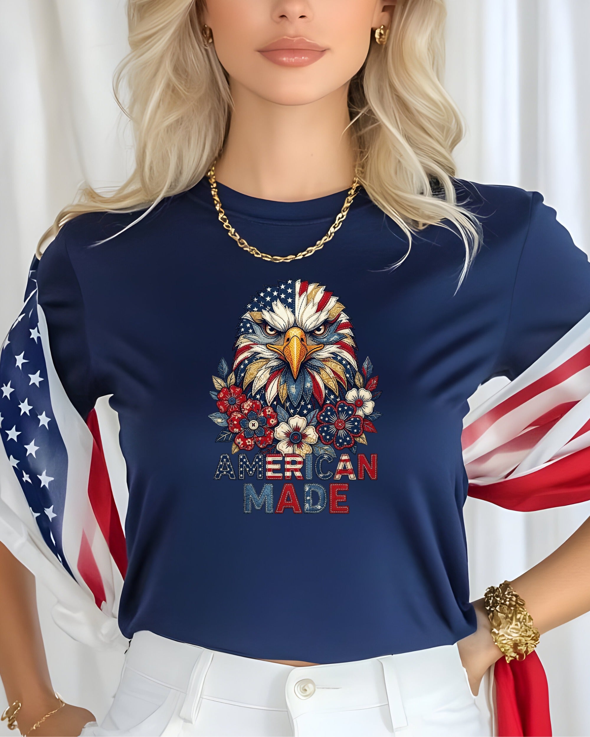 Navy t-shirt with patriotic eagle and floral design, "AMERICAN MADE" text.