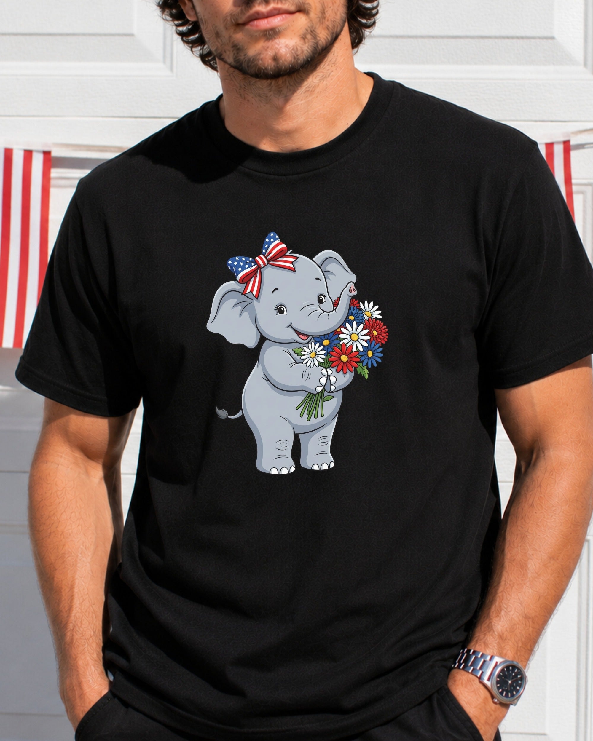 Cartoon elephant wearing a bow and holding a bouquet of flowers.