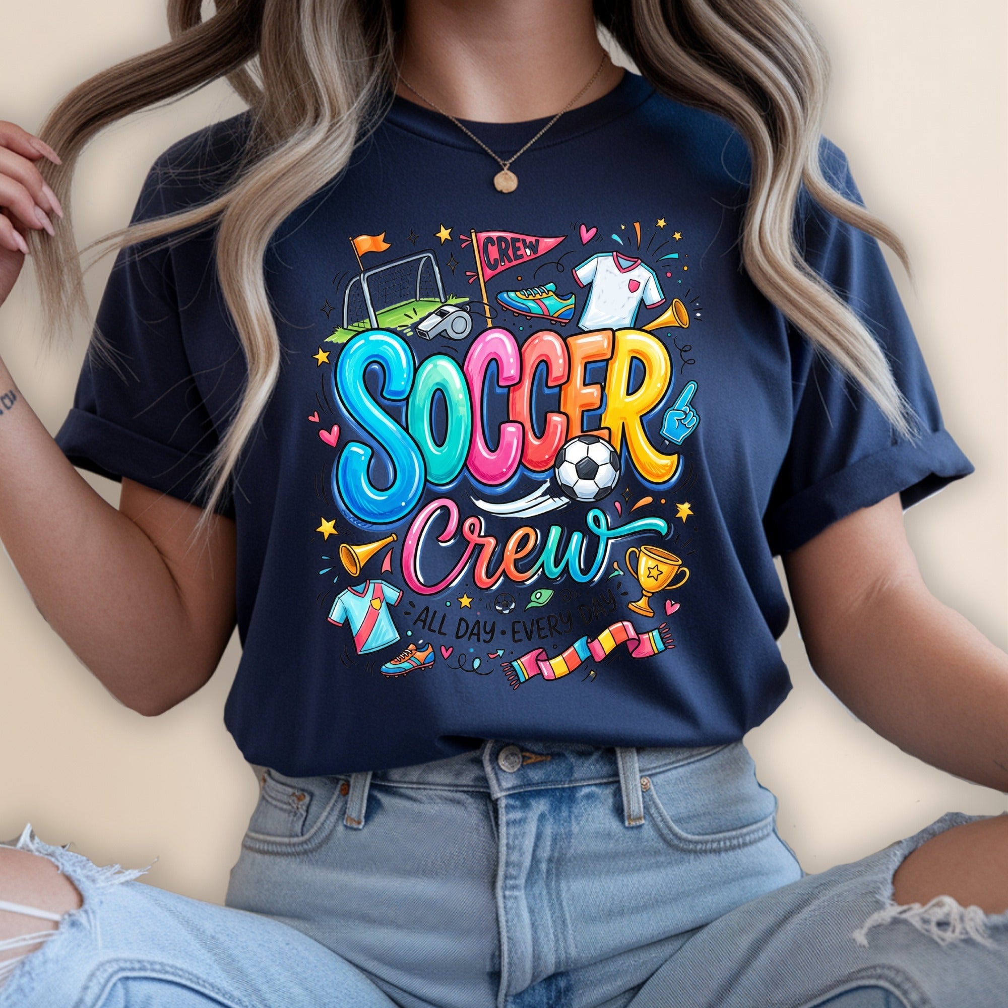 Soccer Crew graphic with soccer ball, goal, cleats, and colorful text.
