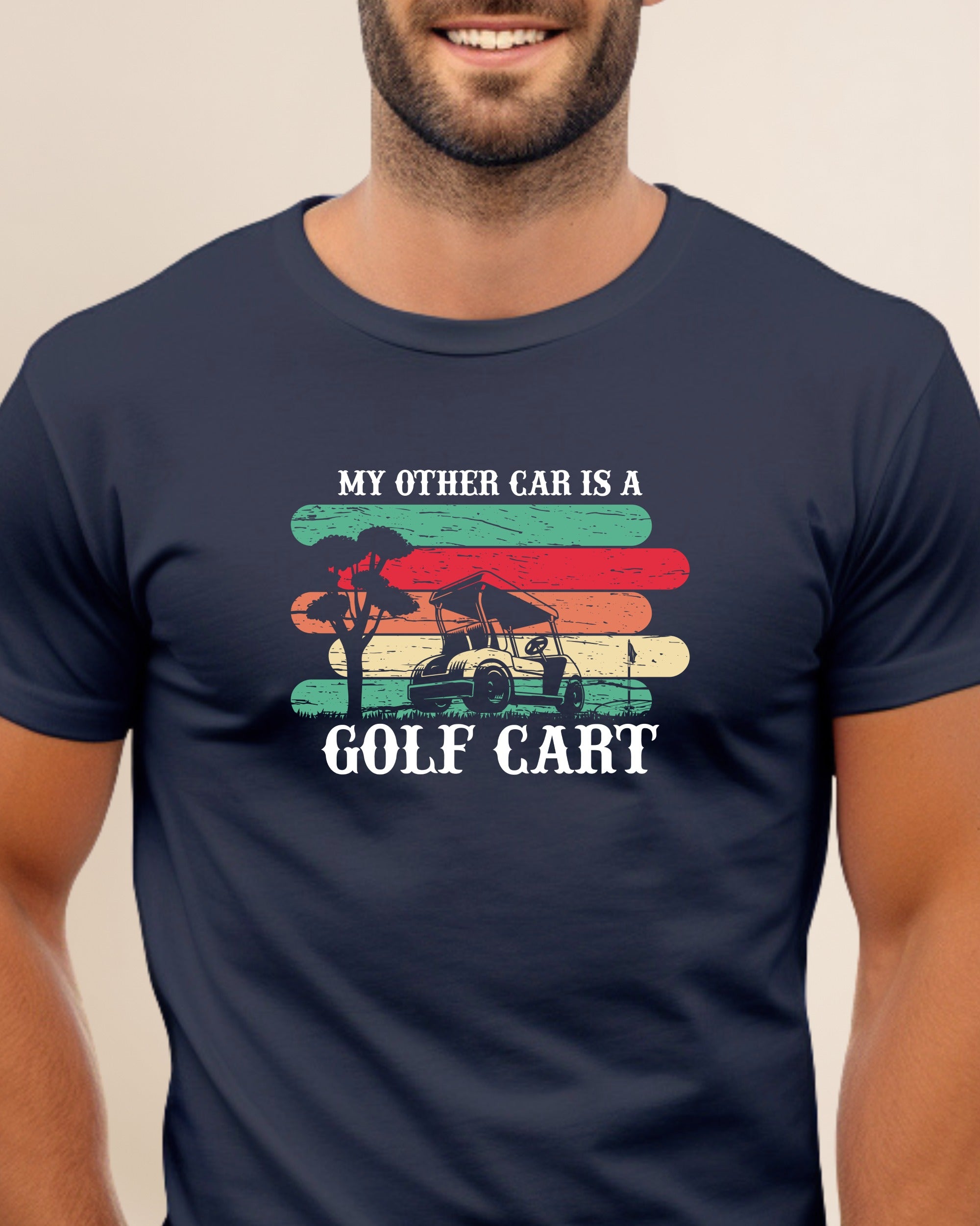 Navy t-shirt with "MY OTHER CAR IS A GOLF CART" and a golf cart illustration.