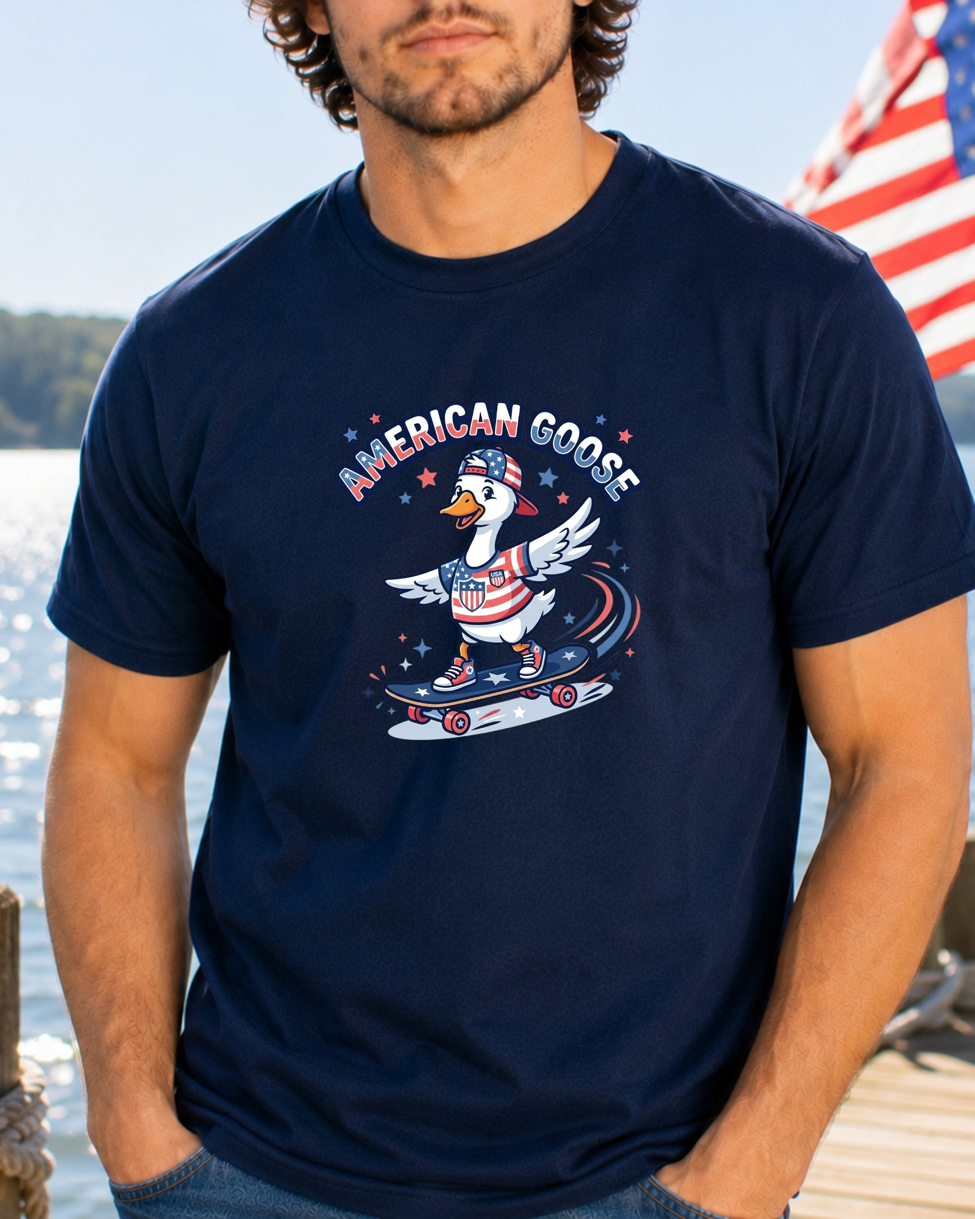 Goose in a hat and sunglasses skateboarding, with "American Goose" text.