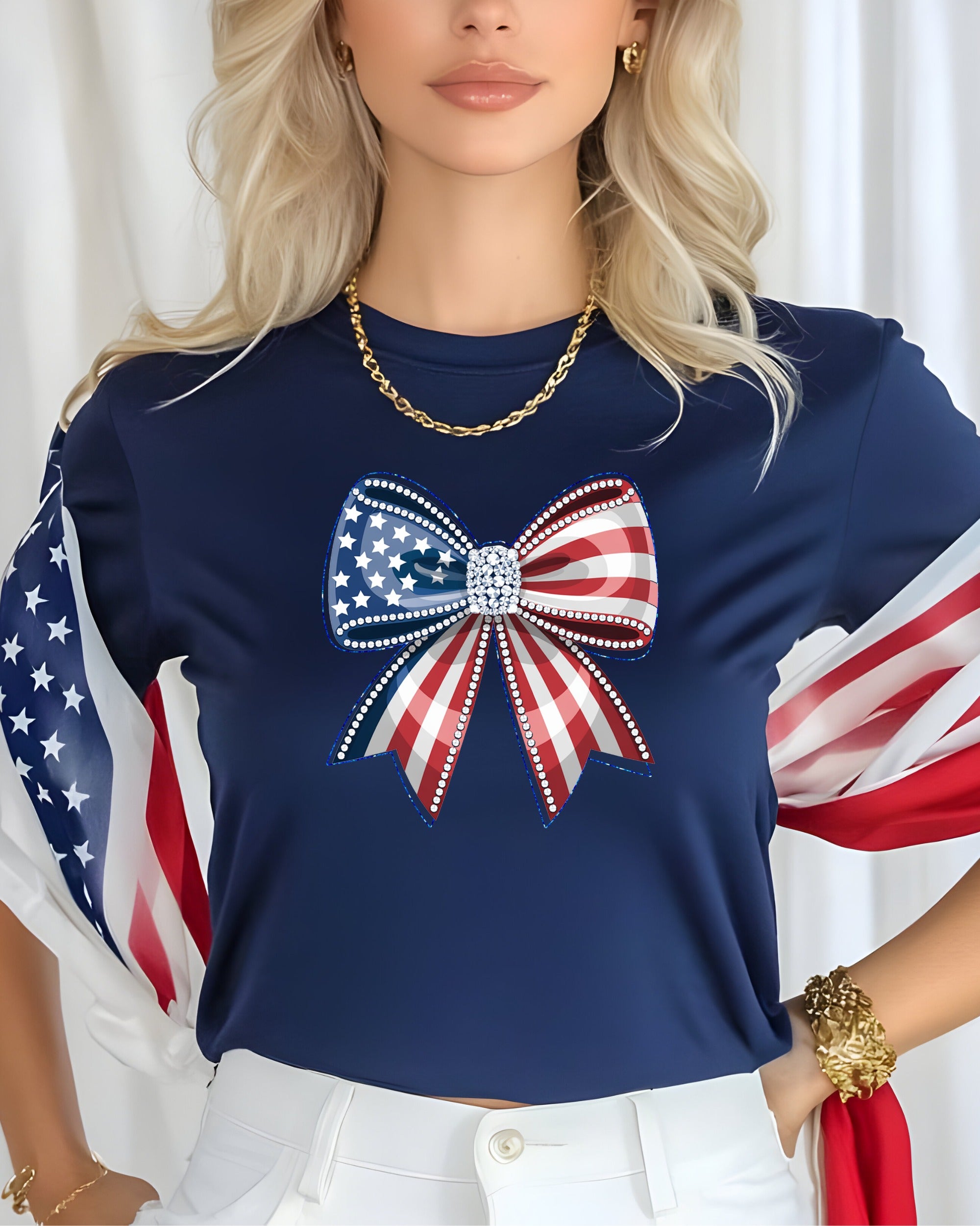 Navy t-shirt with a jeweled American flag bow graphic.