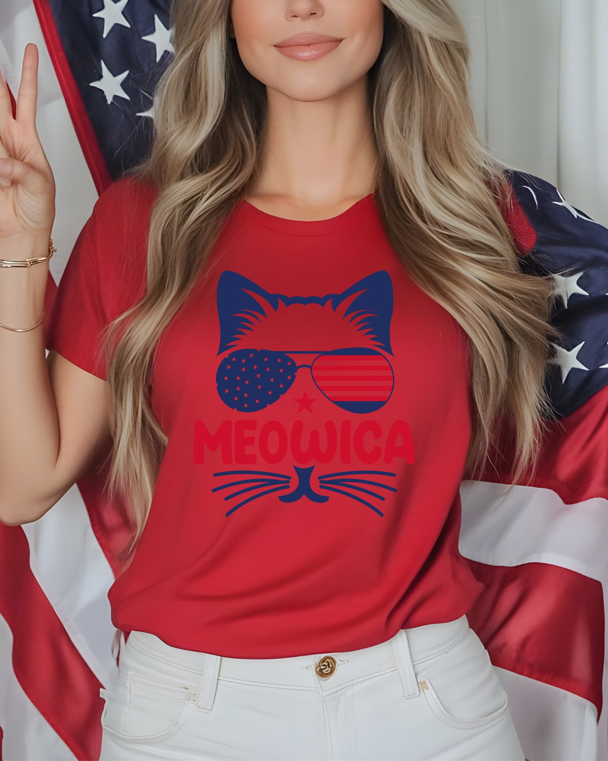 Red t-shirt with MEOWICA cat graphic and American flag background.