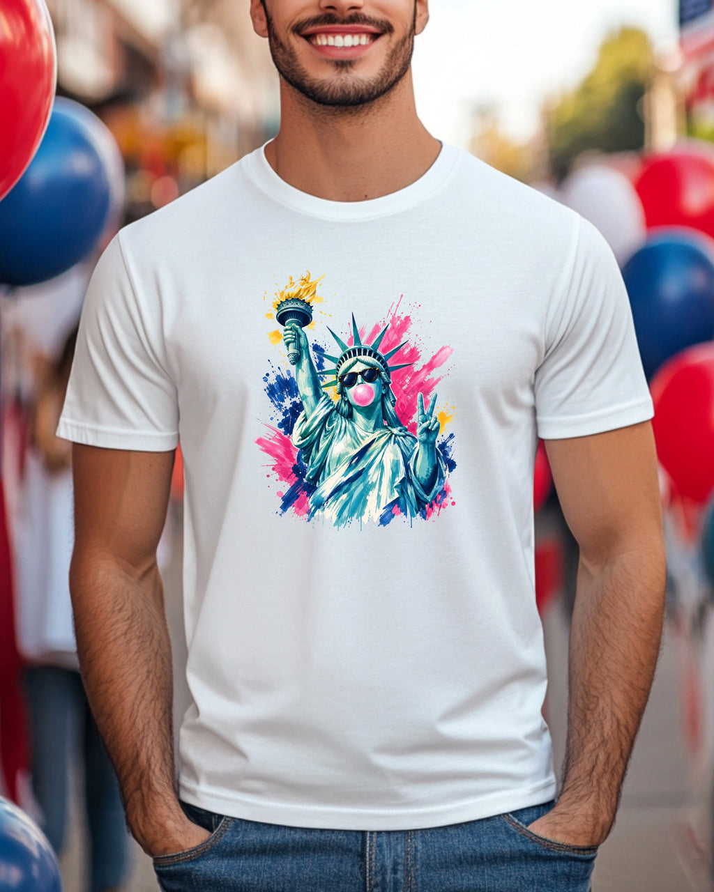 Statue of Liberty blowing bubblegum on white t-shirt.