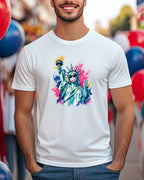 Statue of Liberty blowing bubblegum on white t-shirt.
