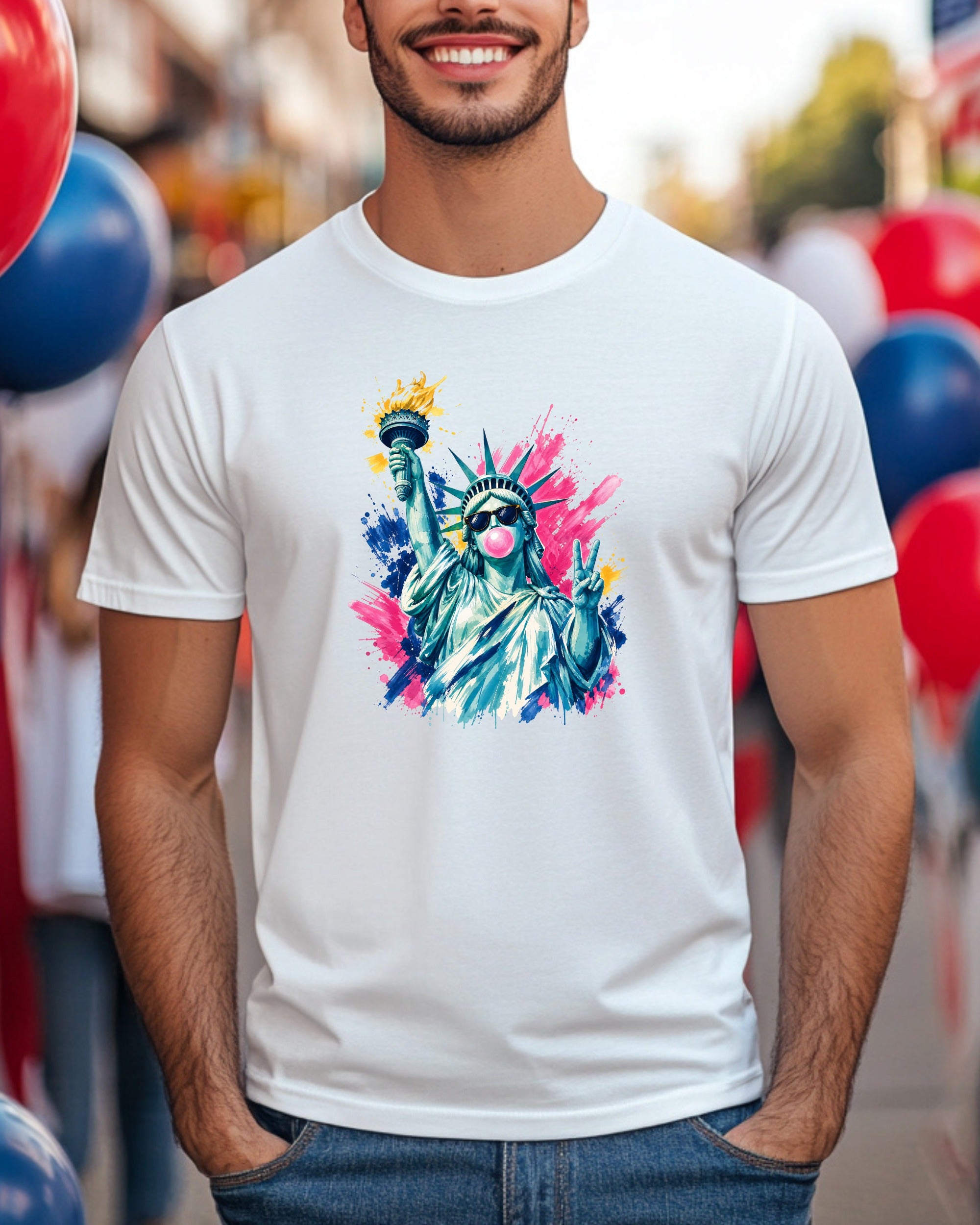 Statue of Liberty blowing bubblegum on white t-shirt.
