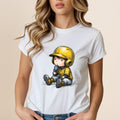 Cartoon baseball player sitting down with hands clasped, wearing a yellow helmet.