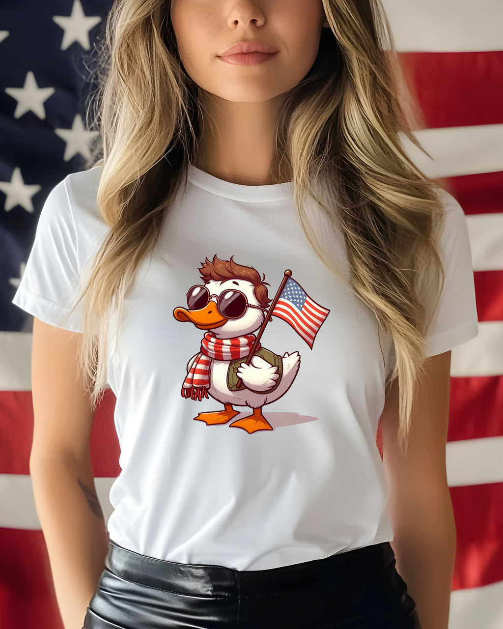 White t-shirt with cartoon duck wearing sunglasses, scarf, and holding an American flag.
