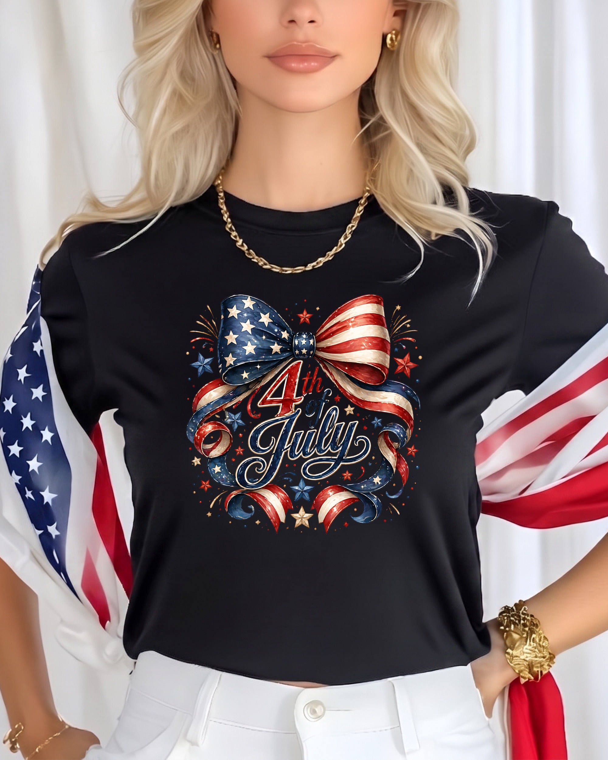 Black t-shirt with "4th July" text and patriotic bow graphic.