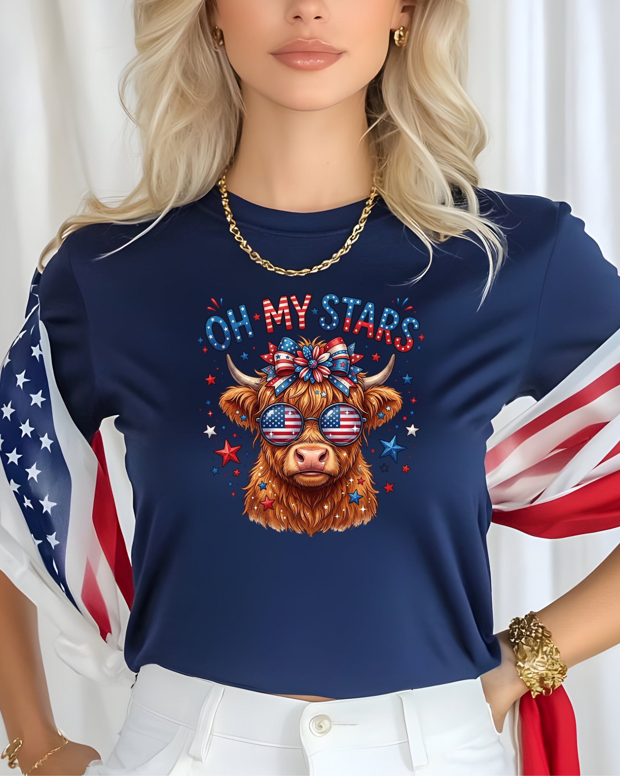 Highland cow wearing sunglasses and a bandana with "OH MY STARS" text.