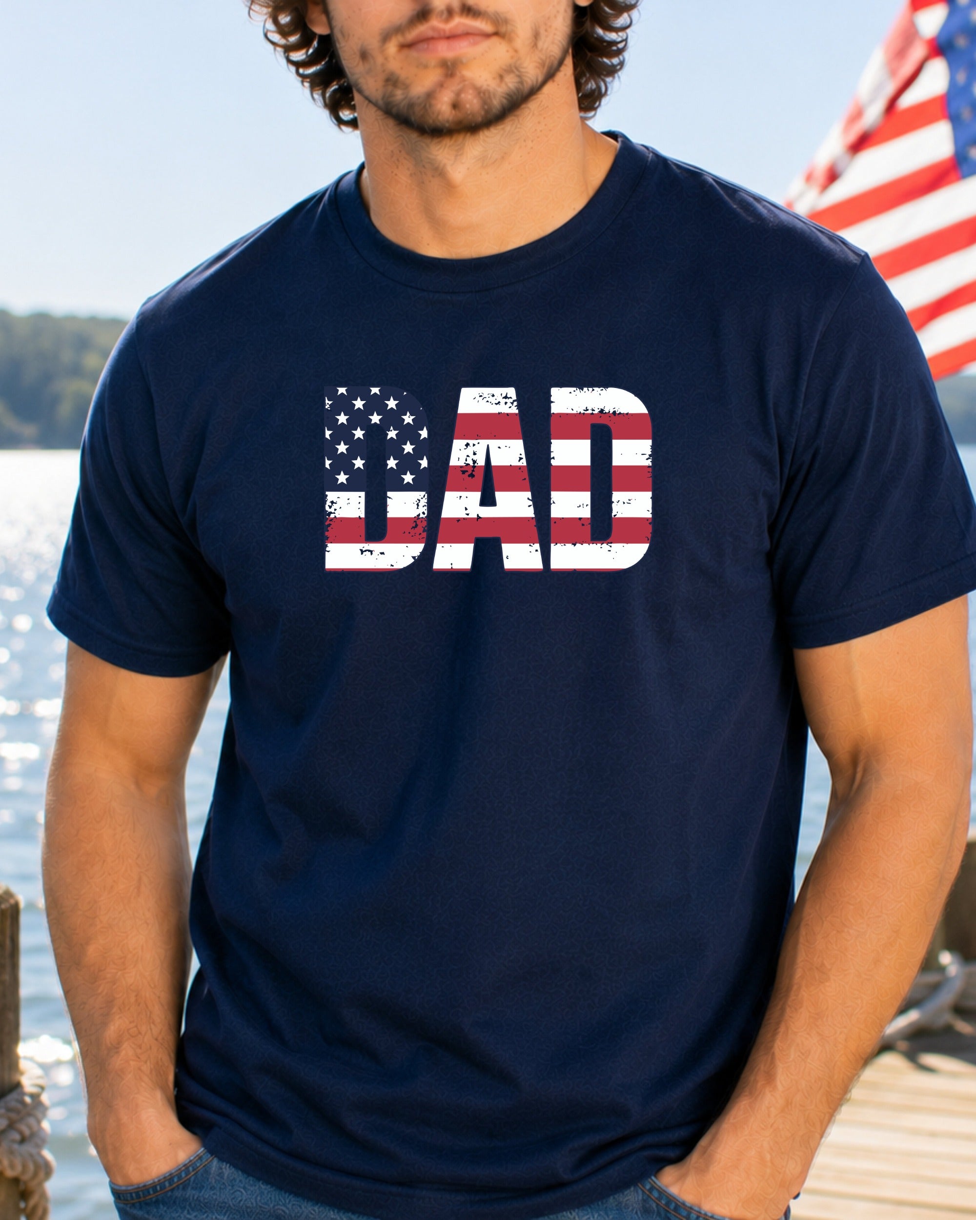 Navy t-shirt with "DAD" in American flag graphic design.