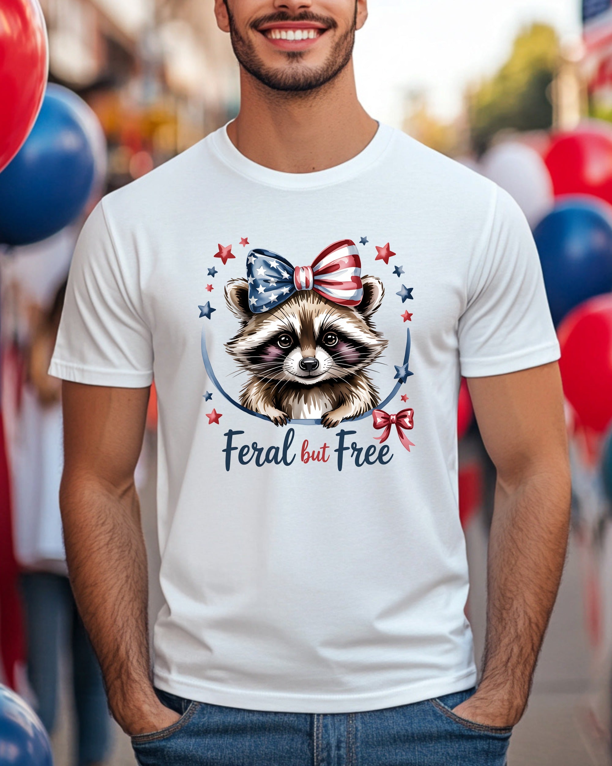 Feral but free raccoon wearing a patriotic bow on a t-shirt.
