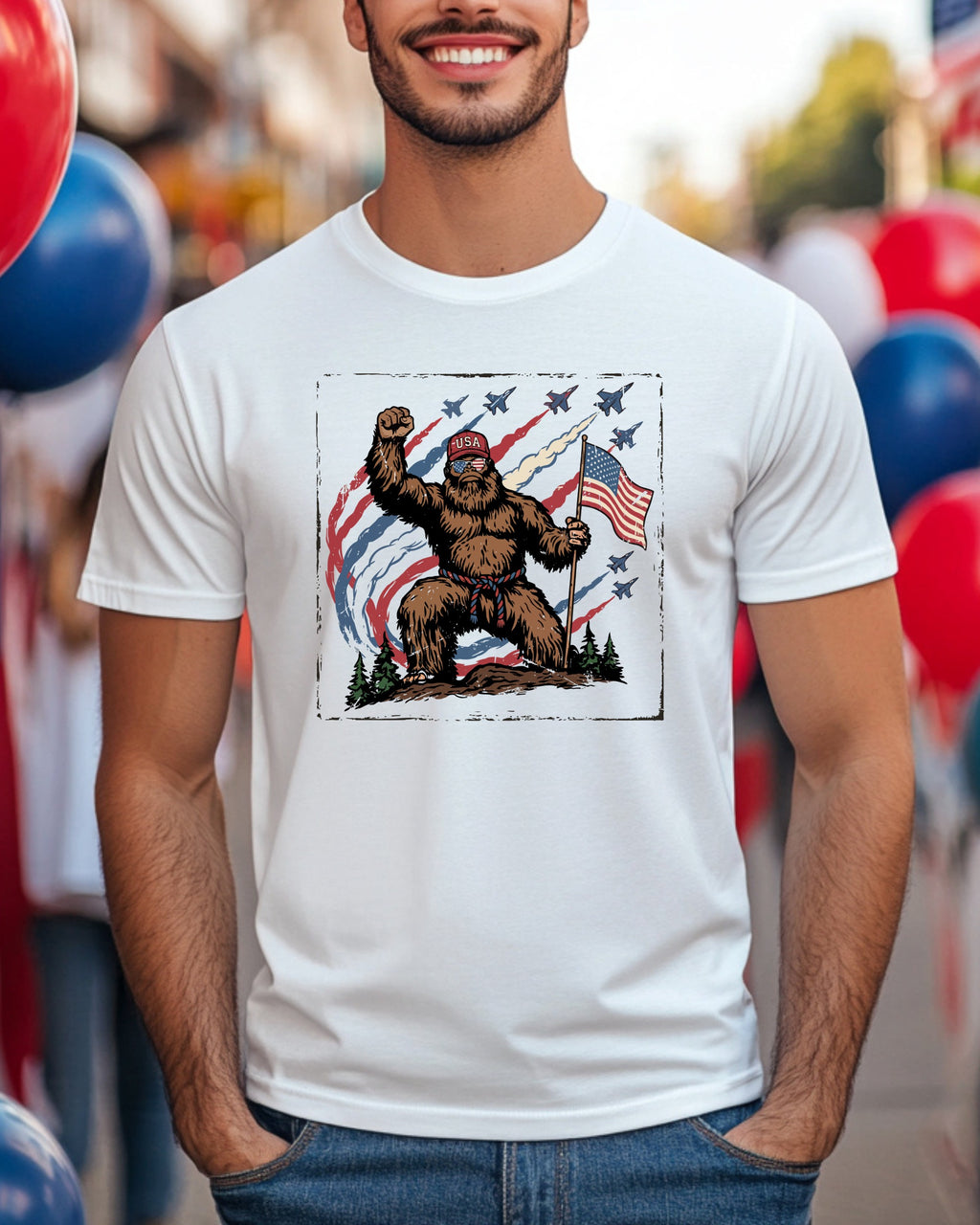 Bigfoot holding American flag with jets flying overhead.