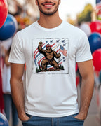 Bigfoot holding American flag with jets flying overhead.