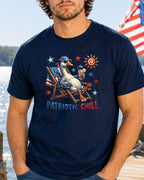 Goose wearing sunglasses and bandana relaxing on a beach chair with USA flag.